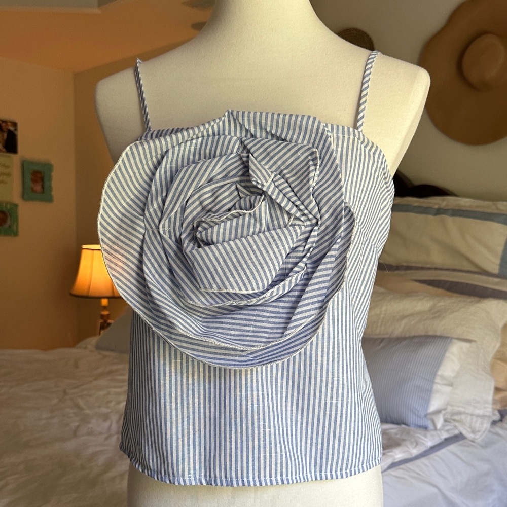 Blue and White Seersucker Rose Flower spaghetti strap top. Buttons down back.